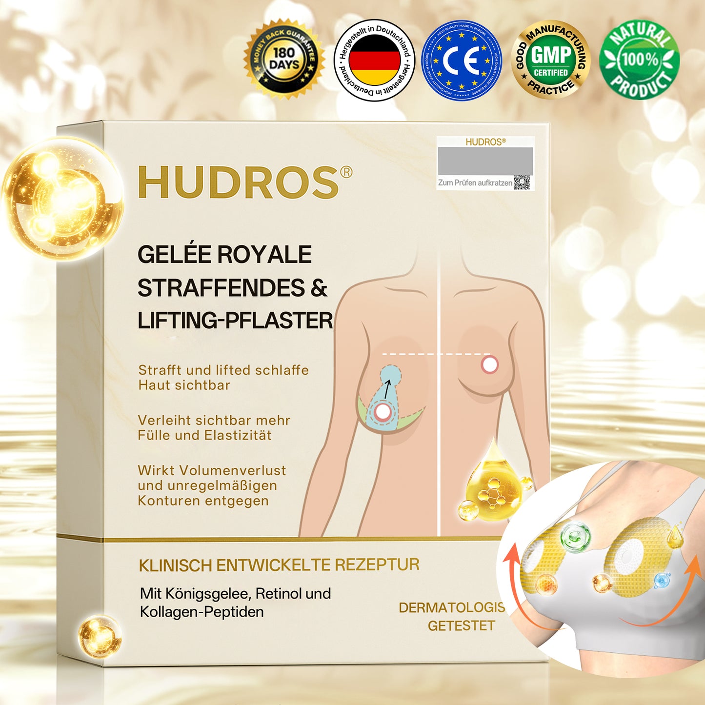 【Offizieller Flagship-Store】👑𝐇𝐔𝐃𝐑𝐎𝐒® Gelée Royale STRAFFENDES LIFTING-PFLASTER — Sicher in der Stillzeit anwendbar