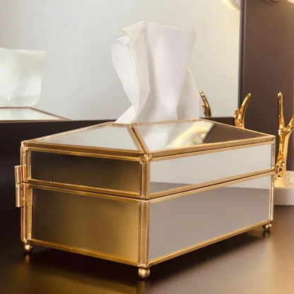 Luxury European style practical mirror glass tissue box waterproof paper towel rail dressing table tray home decor